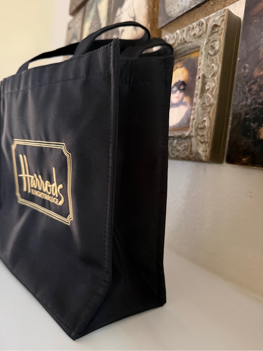 Harrods Nylon Tote Bag 10x10 Gold Embossed Logo Shopper Travel Bag - Picture 5 of 10
